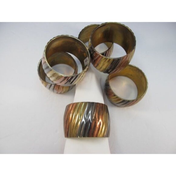 Vintage Brass Copper Silver Ribbed Napkin Ring Holders Set of 6 - Picture 2 of 13